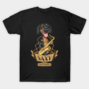 Cute Musical Doxie Dog with saxophone on Saxy Dachshund Dog T-Shirt